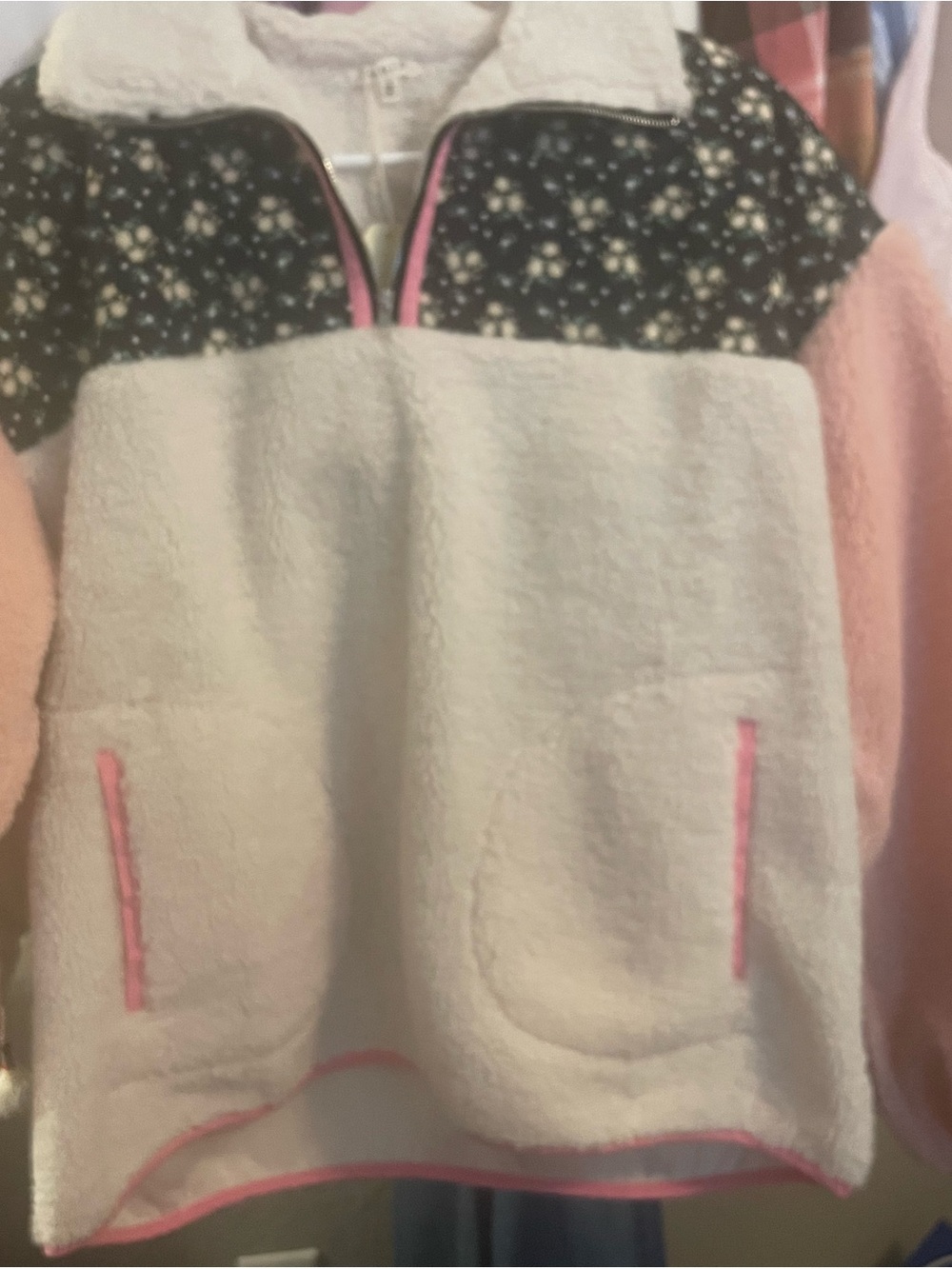 JODIFL Cream Sherpa Jacket with Black Floral Trim and Pink Zipper